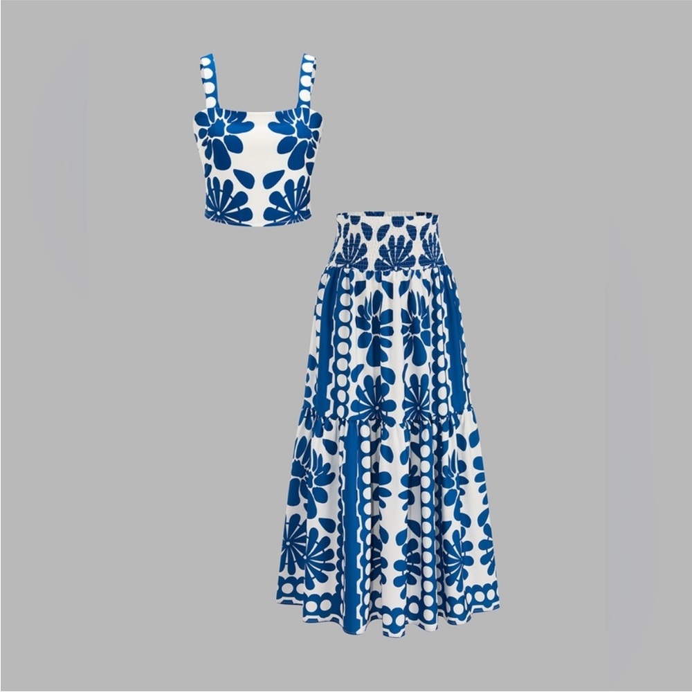 Commense Blue and White Floral Two-Piece Skirt Set